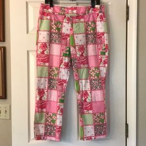 Lilly Pulitzer casual pants- patchwork look, pink flowers & green accents